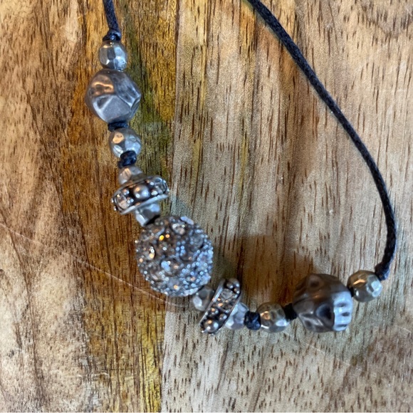 Adjustable Black String Bracelet Rhinestone Pearl Silver Tone Beads LARGE Wrist - Picture 6 of 14